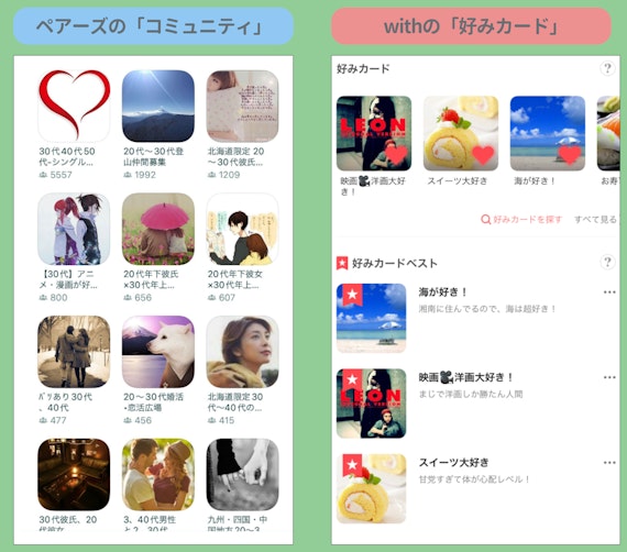 ペアーズの「コミュニティ」とwithの「好みカード」